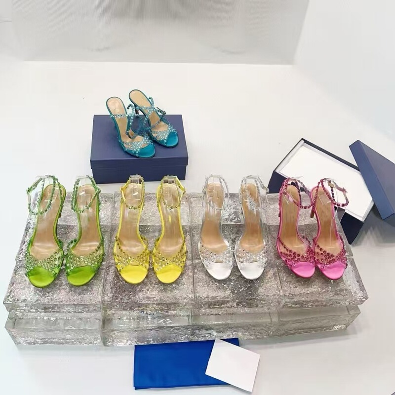 2025 New Summer Style One-Line Sandals with Transparent Rhinestone Stiletto Heels for Women, Open-Toe Side Hollow Sexy High Heels