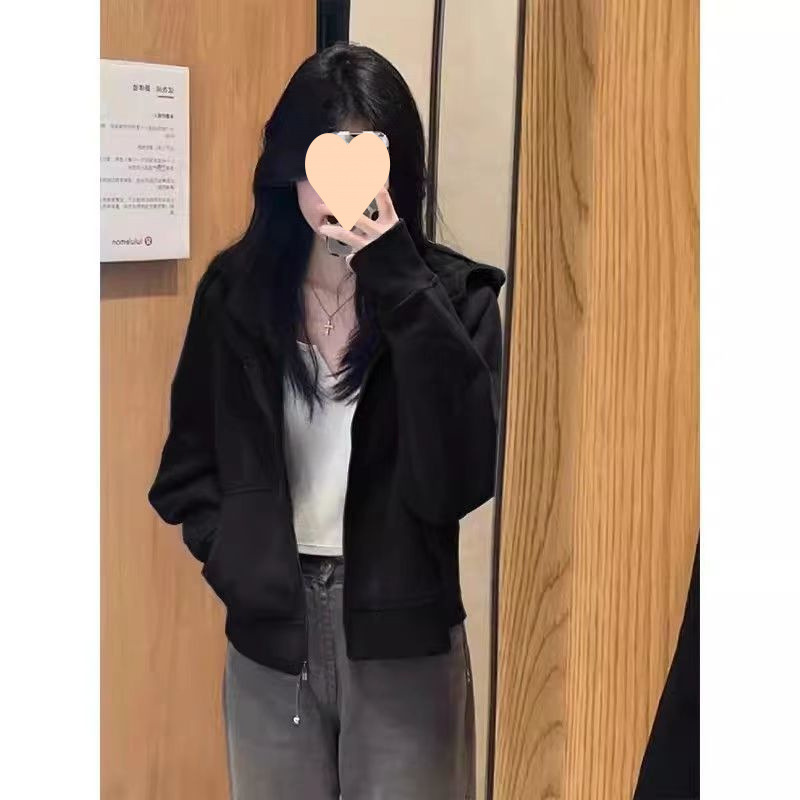 アメリカンレトロな小柄なショートフード付きスウェットシャツ薄手のコート女性の春と秋の新しいルーズカジュアルカーディガントップトレンディ|undefined