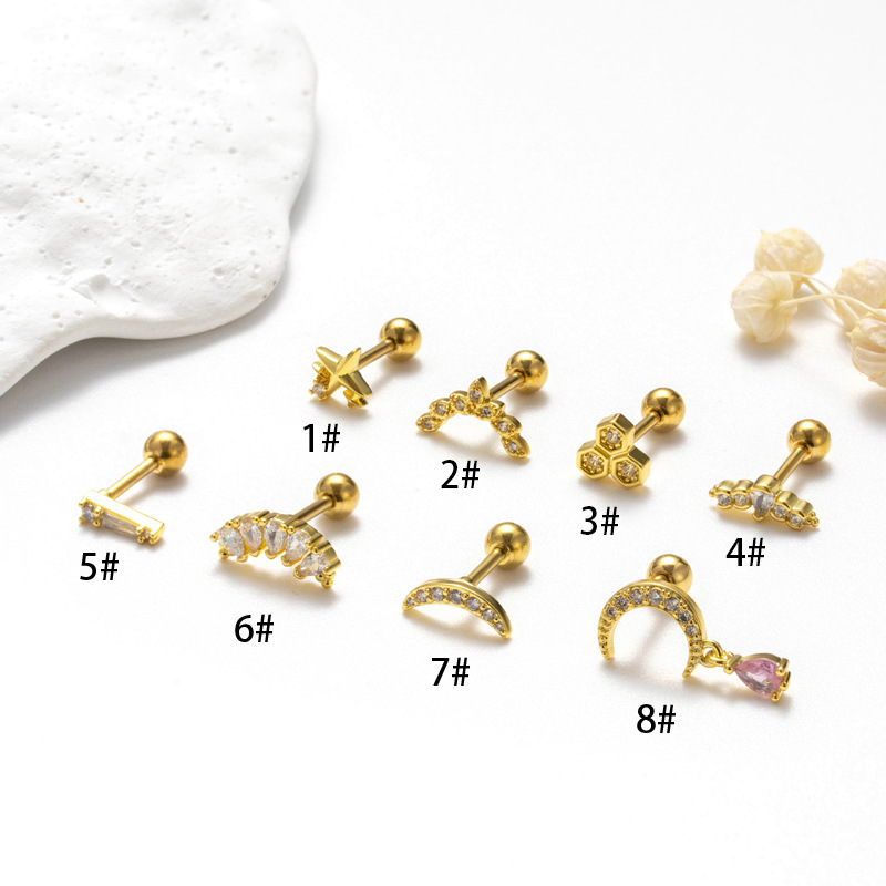 Henson's nieuwe roestvrijstalen dubbele kop schroefstaaf, 0,8 dikke oorstekers, micro diamant zirkoon, modieus en veelzijdig_voghion.com