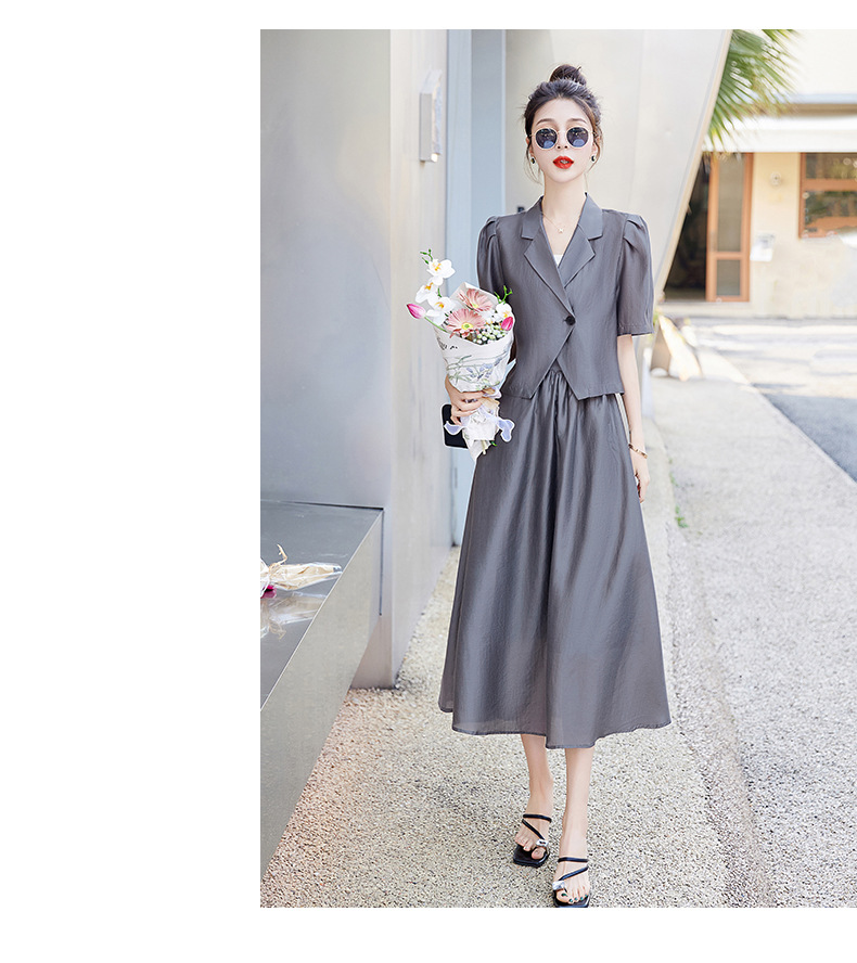 Bộ đồ Tencel nữ hai mảnh gồm áo và chân váy midi thắt eo — Màu đen, Màu xám, Màu kaki chi tiết 22