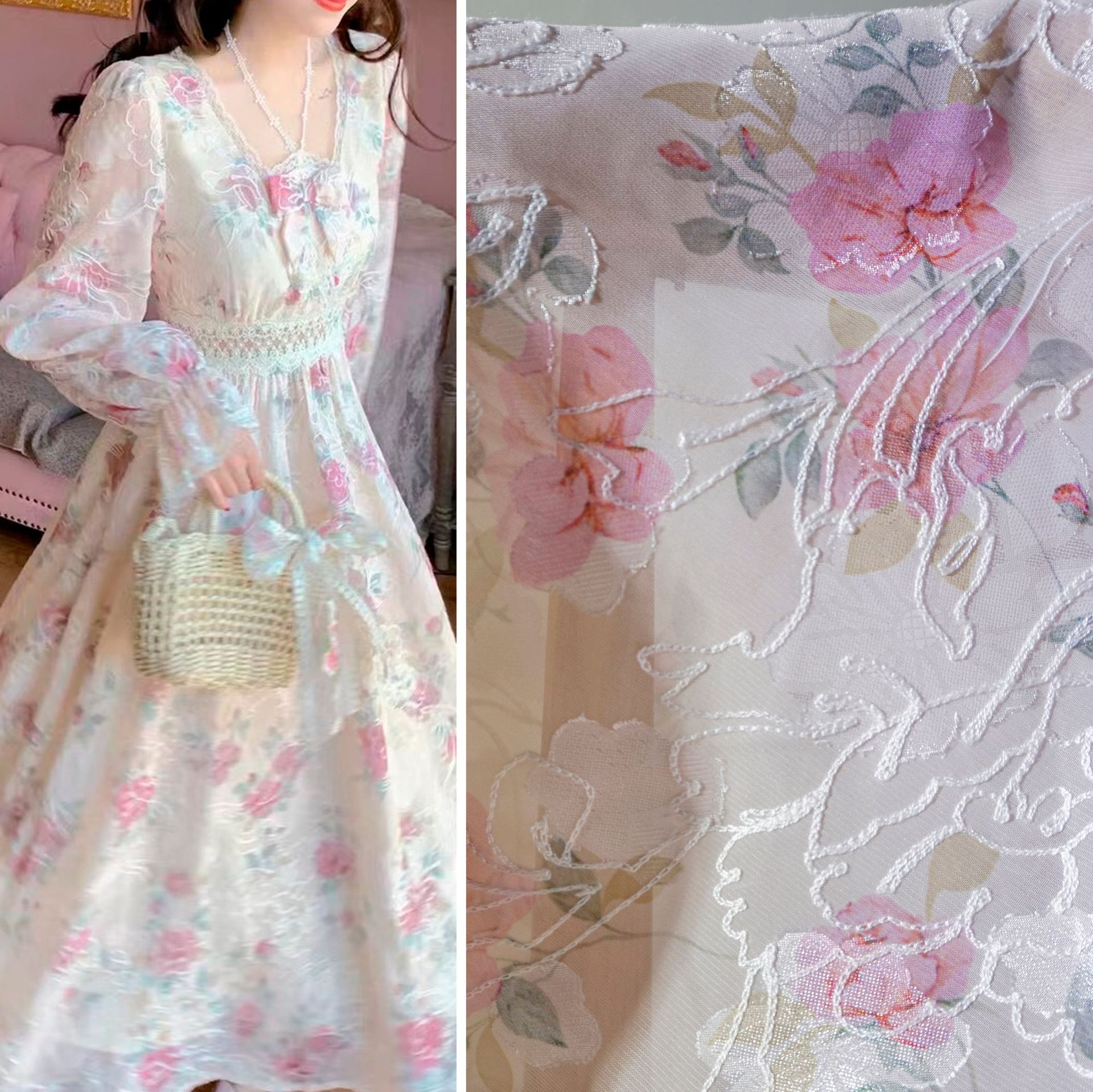 绣花提花印花剪花雪纺纱玫瑰花布复古民国风礼服布料旗袍夏装面料