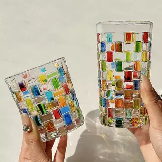 blingbling折射彩虹光中古杯ins手繪方塊格子編織玻璃水杯果汁杯