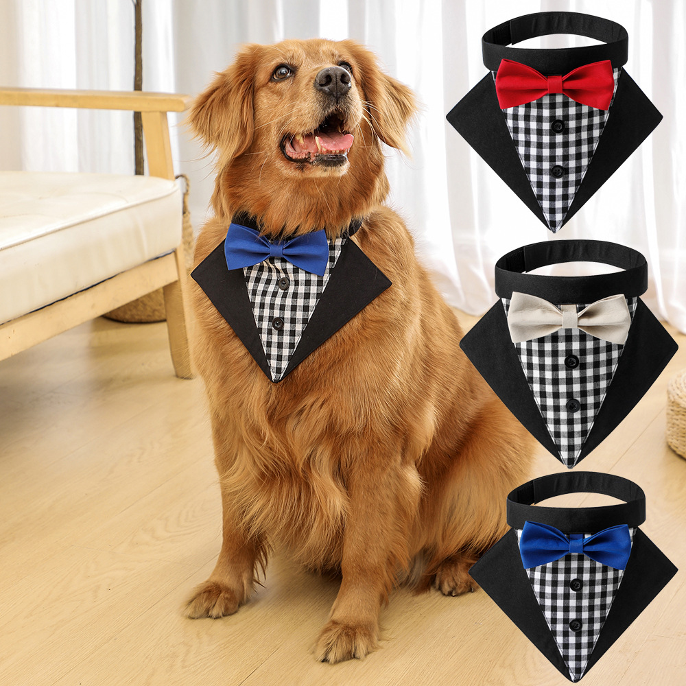 Transfronterizo nueva tela escocesa ropa para mascotas traje triángulo toalla guapo mascota perro saliva toalla boda mascota triángulo toalla