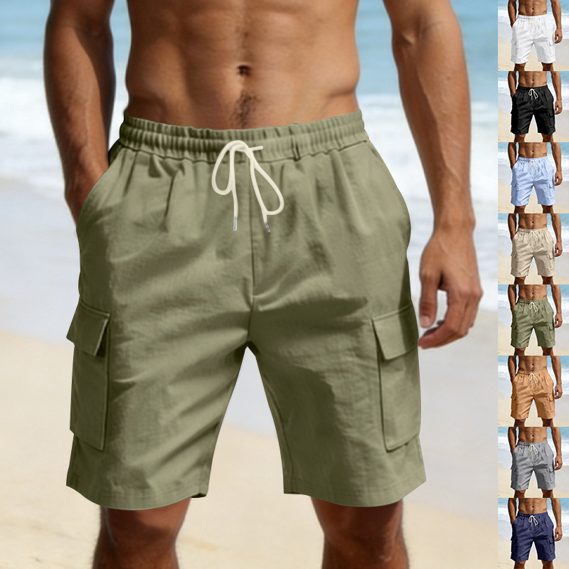 Cross-Border European and American Men's Skin-Friendly Breathable European Size Linen Loose Workwear Multi-Pocket Squat Jogging Casual Shorts for Men