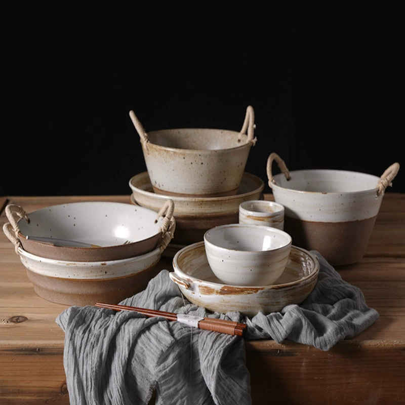 Japanese‑style ceramic dish set, hemp‑rope double‑ear bowls and trays, rustic glazed 18.2×10.1 cm
