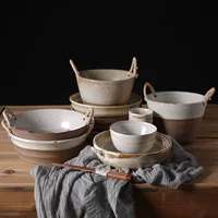 Japanese‑style ceramic dish set, hemp‑rope double‑ear bowls and trays, rustic glazed 18.2×10.1 cm