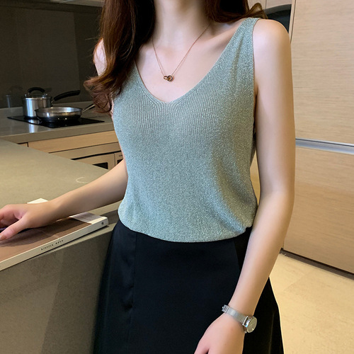 Women's Summer V-Neck Knit Top Outerwear Trendy  New Arrival Batch Supply Thin Pure Color Glitter Tank Top