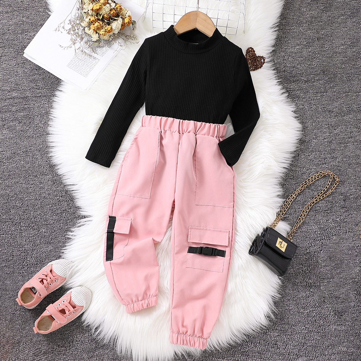 2024 autumn new children's knitted pullover top+fashionable workwear elastic pants set_voghion.com