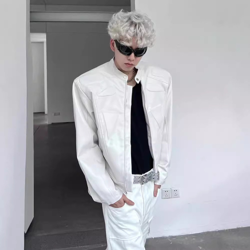 High Street Short Shoulder Pad Leather Motorcycle Jacket Men's Design Vibe Style American vintage Bomber Jacket High Street Short Shoulder Pad Leather Motorcycle Jacket Men's Design Vibe Style American vintage Bomber Jacket
