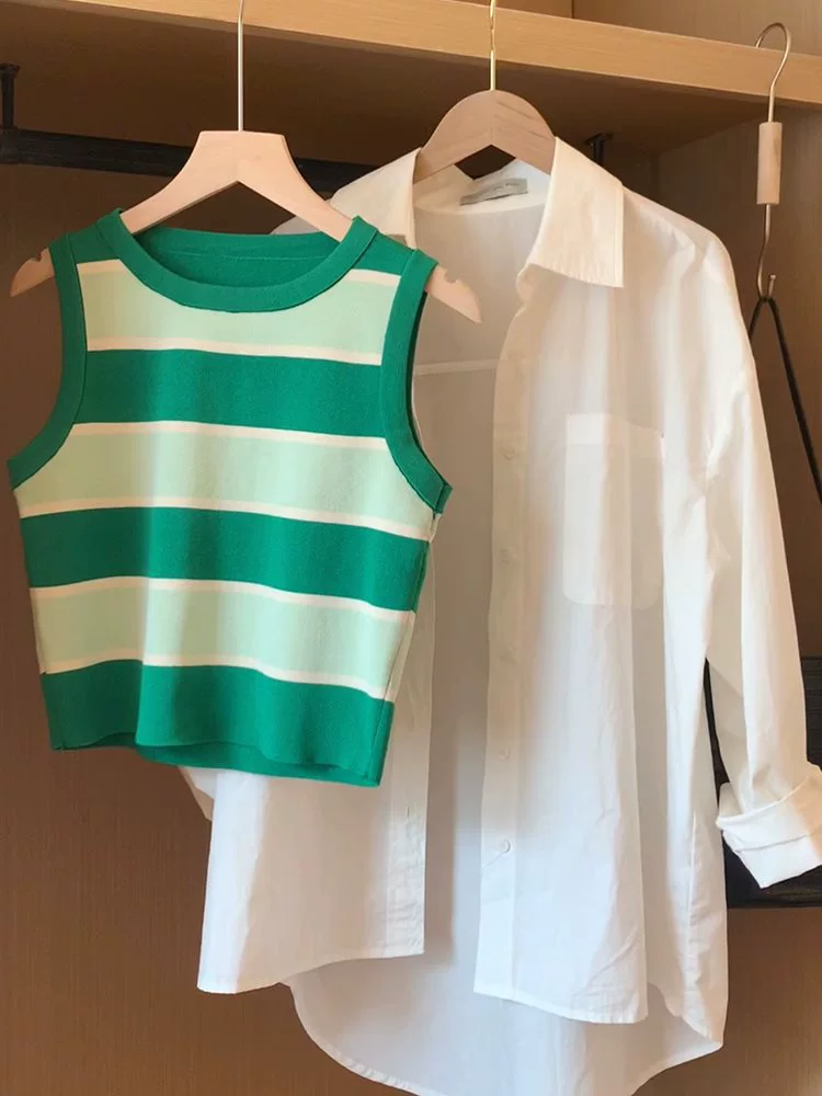 Американский ретро сладкий и крутой короткий вязаный полосатый топ для девушек, женская летняя верхняя одежда, чистое желание, шикарный топ без рукавов