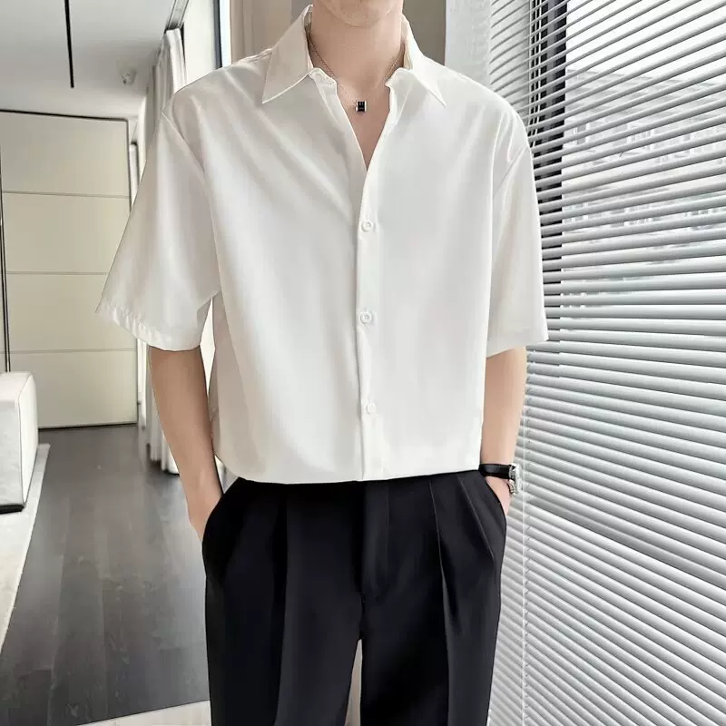 POLO衫短袖衬衫男翻领带领商务修身垂感休闲痞帅夏季外贸跨境批发