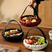 轻奢陶瓷手提水果盘客厅茶几家用创意果盘糖果盘水果篮分格果蔬