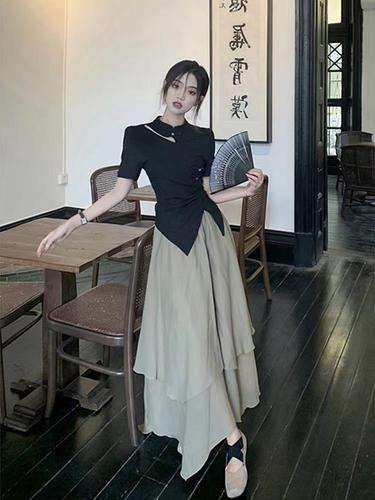 Chinese-style design sense irregular hollow short-sleeve top with high-waisted skirt women's summer two-piece set