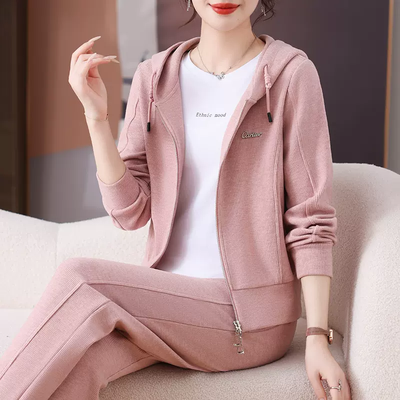 运动服套装女春秋2025新款小个子妈妈秋装洋气减龄连帽卫衣两件套