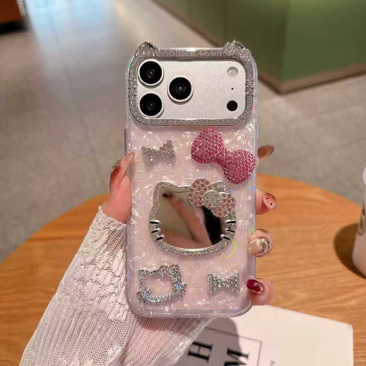 Espejo de gato de polvo KT para iPhone17 Teléfonos móviles Apple 16 arco tridimensional 15 diamante 14 cubierta image 3