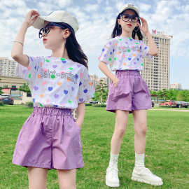 女童洋气套装2024夏季新款中大童字母短袖女孩休闲短裤运动两件套