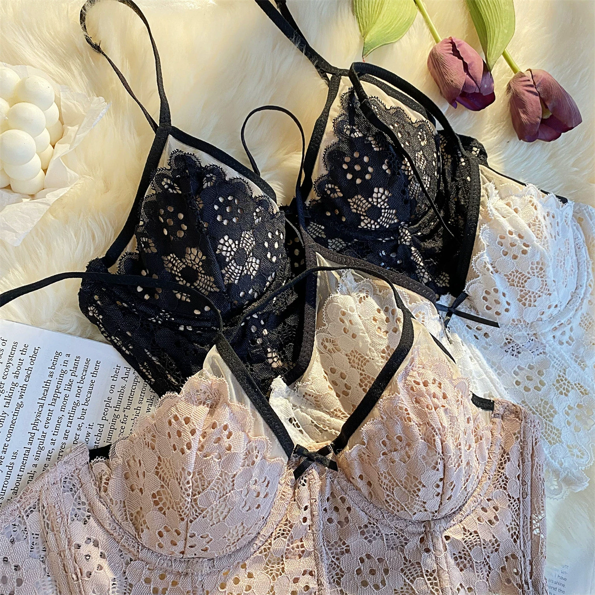 Кружевное белье, майка, sexy бра, стальное кольцо бюстье, французский стиль