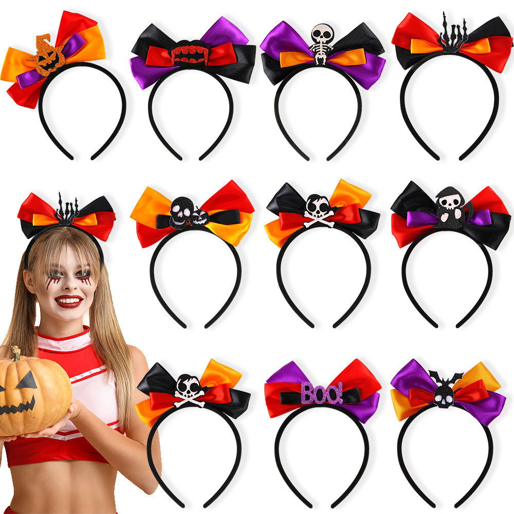 Nuevo tocado de Halloween negro naranja púrpura arco de cabello arco fantasma fiesta decoración calavera cabeza de calabaza