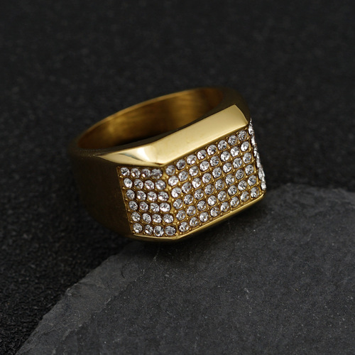 Wish European and American Trendy Nightclub Hip Hop Hiphop Ring Stainless Steel Gold Plated Full Diamond Men's Ring