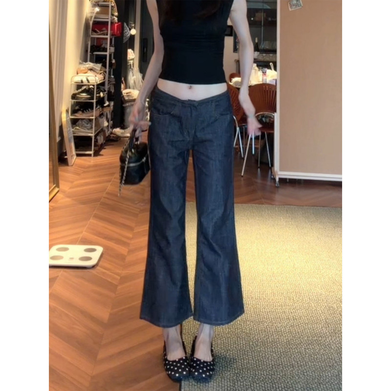 Blue-black cropped flared jeans for women, summer 2026 new style, low-waisted, petite, trendy straight-leg bell-bottom pants Blue-black cropped flared jeans for women, summer 2026 new style, low-waisted, petite, trendy straight-leg bell-bottom pants