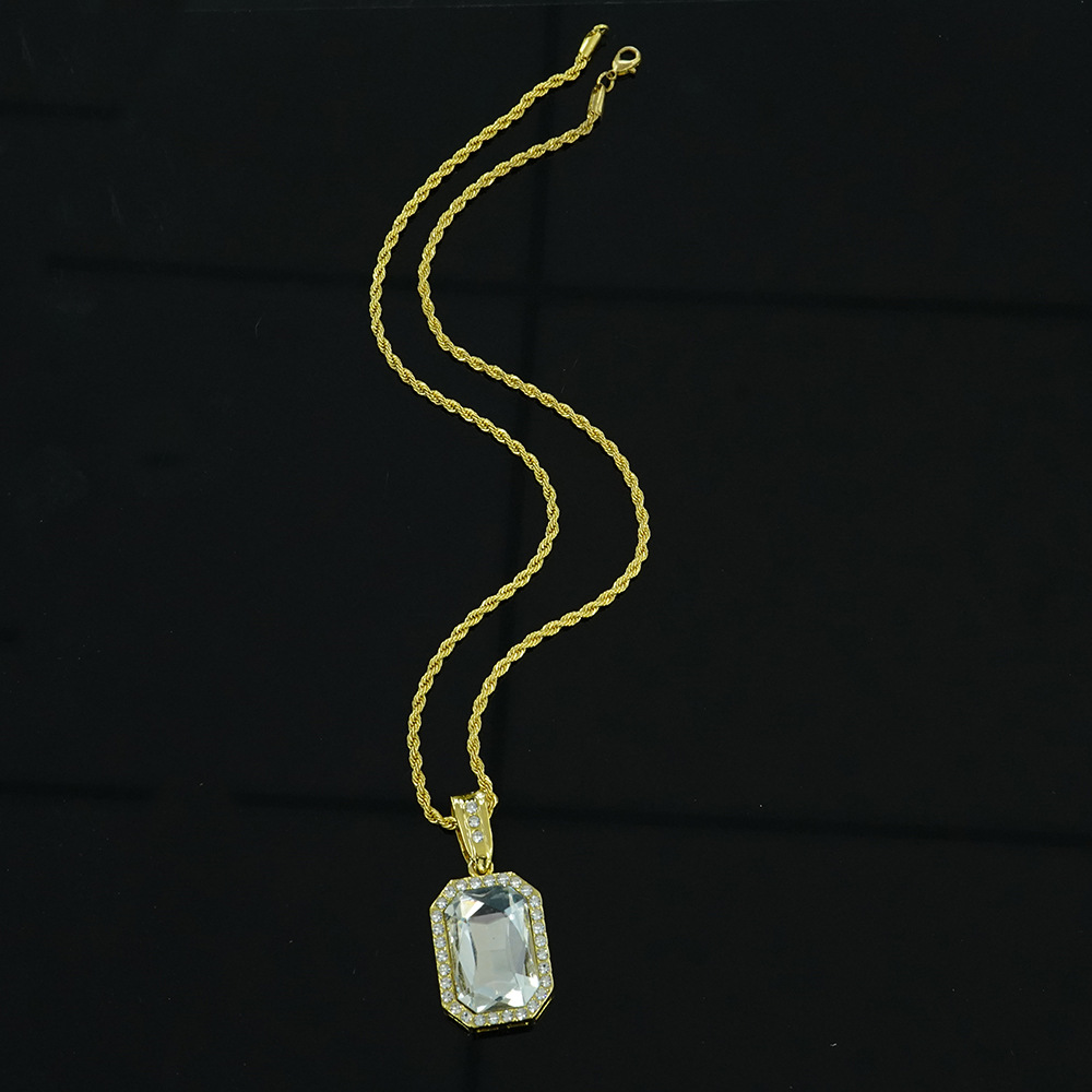 Collar con Colgante Cuadrado de Piedras Preciosas Coloridas Estilo Hip-hop, Estilo Minimalista, Unisex, Cadena para Suéter, Joyería