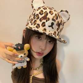 新款可爱甜酷豹纹轻松小熊平檐可调节棒球帽鸭舌帽子女韩版辣妹