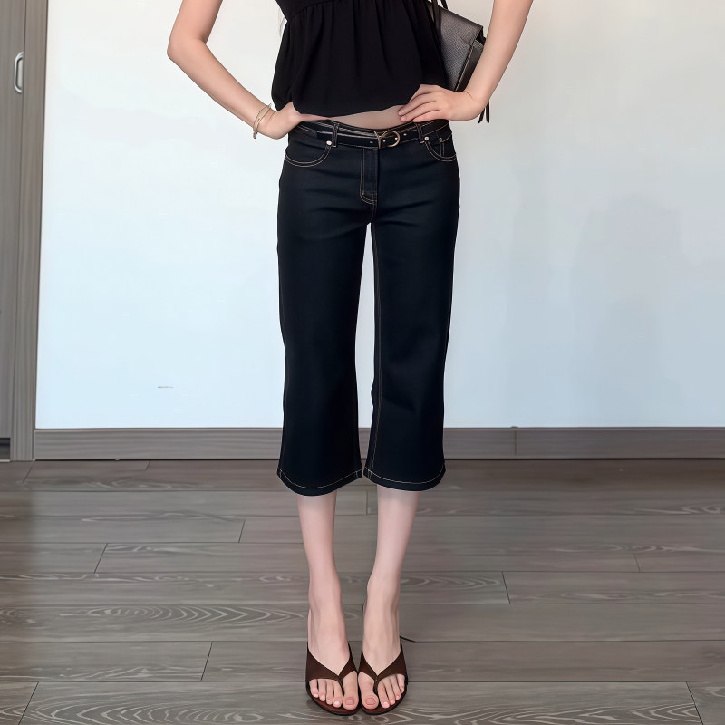 American Retro Low-Waist Black Flared Denim Vintage Cropped Pants for Women, Summer Tight-Fitting Straight-Leg Flared Shorts