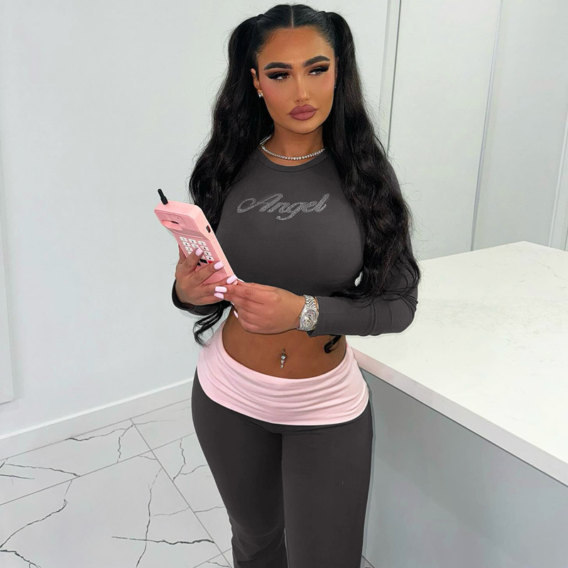 欧美女装2025春季新款撞色圆领长袖喇叭裤两件套时尚烫钻套装批发