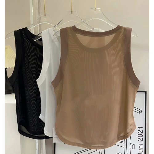 Sleeveless Yoga Sports Bra Top Breathable Quick-Dry Fitness Top Loose Mesh Splicing Thin Sweatshirt