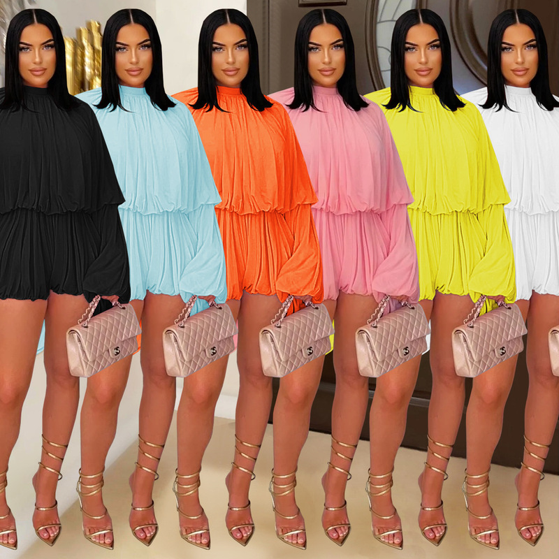 C7432 Cross-Border Aliexpress Amazon European and American Fashion Women's Fashion Casual Pleated Solid Color Jumpsuit New