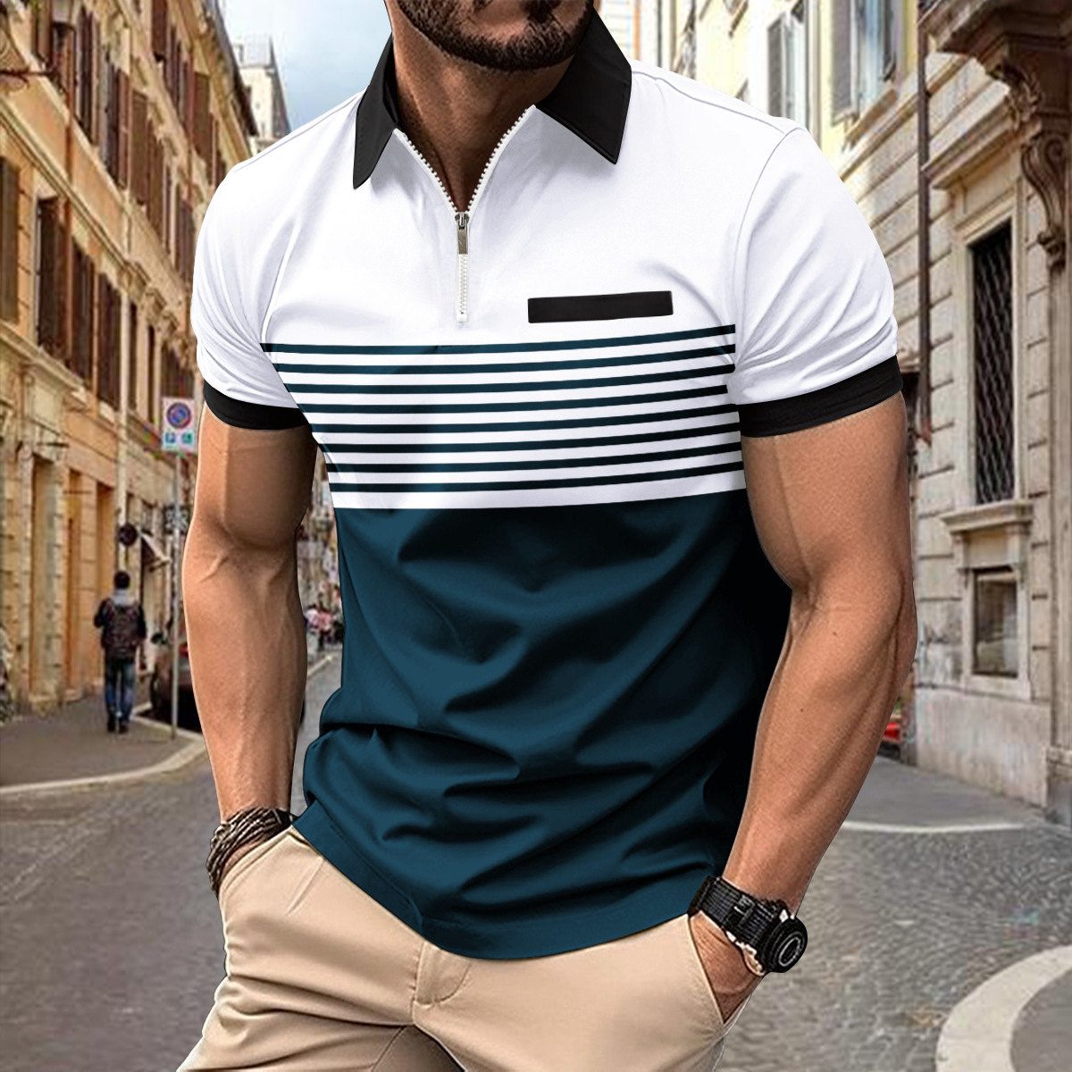 Instagram 2024 Sommer schnell verkaufendes POLO-Reißverschluss-Herren-Poloshirt mit bedruckten Streifen_voghion.com