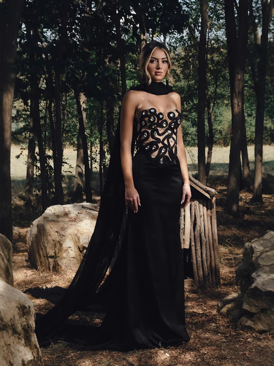 2025 transfronterizo vestido de noche de diamantes exquisitos de alta gama para mujeres europeas y americanas vestido de vendaje elástico de temperamento de banquete para mujeres