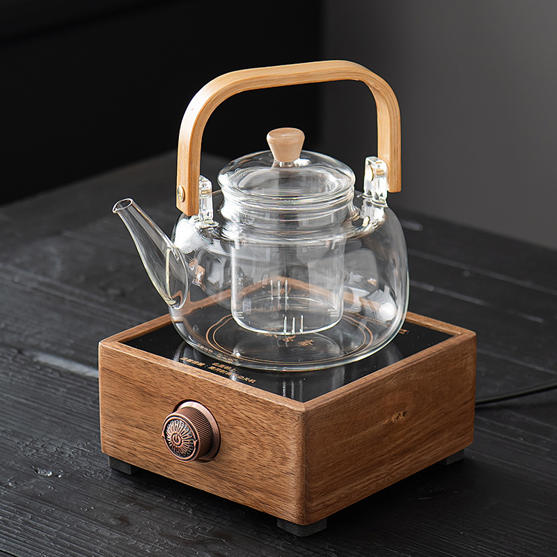 Transparent square handle kettle + walnut small square stove