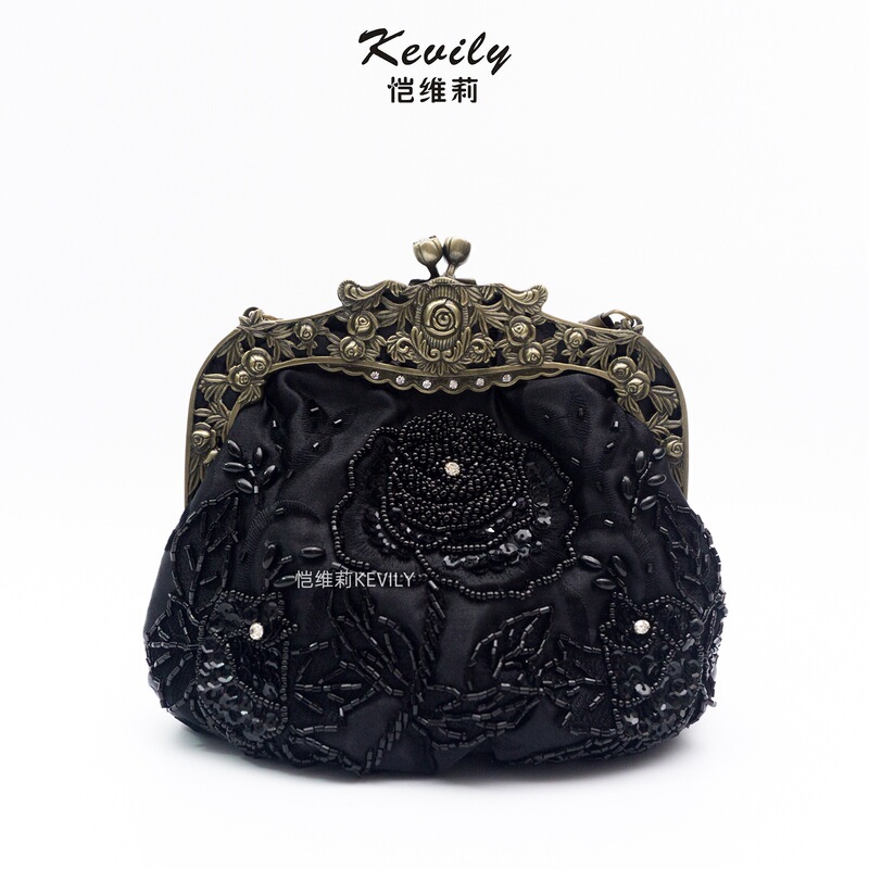 Kaiweili Rose Flower Embroidery Sequin Beaded Evening Bag Vintage Cross-Border Dress Evening Party Cheongsam Handbag Kaiweili Rose Flower Embroidery Sequin Beaded Evening Bag Vintage Cross-Border Dress Evening Party Cheongsam Handbag