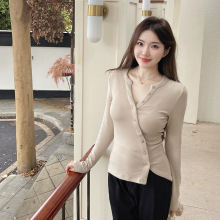 入秋亨利斜门襟开衫圆领上衣女士早秋时尚 针织长袖t恤女