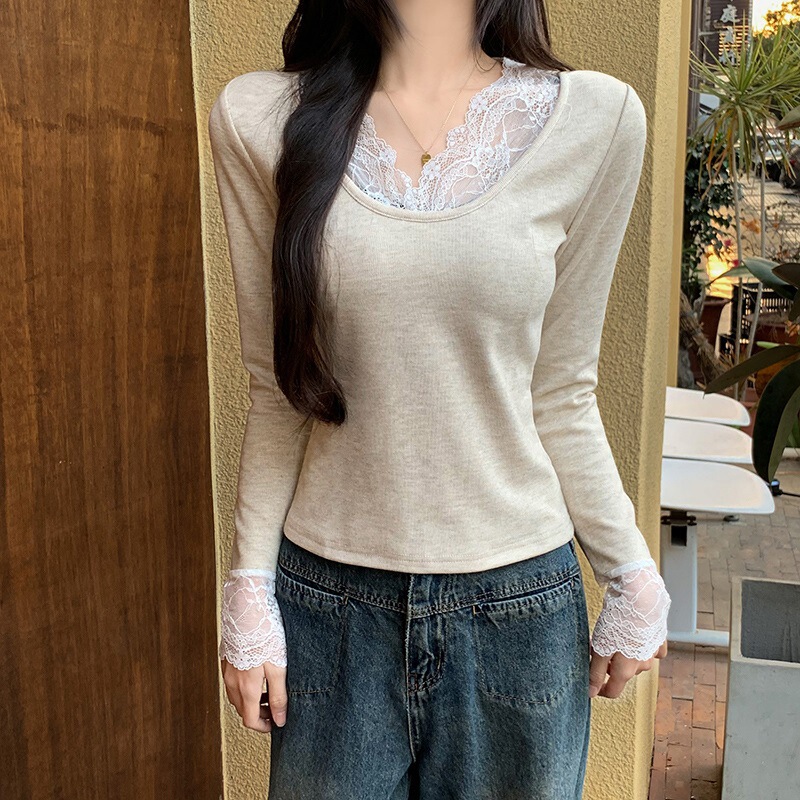 4627 # Real Shot of 280g Sheep Velvet Lace Splicing Bottoming Shirt for Women Autumn and Winter Long-Sleeved T-Shirt Fleece-Lined