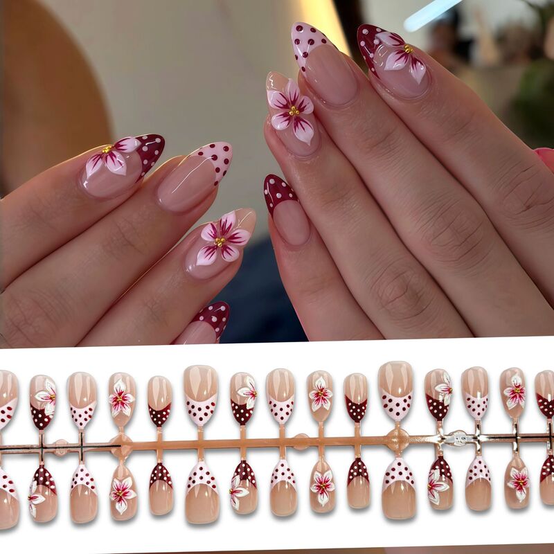 Pink-brown 3D peach blossom press-on nails, ultra-short almond shape, cross-border European and American Hailey nail patches