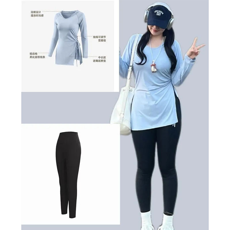 Spring and Autumn Large Size Fitness Yoga Wear Slim Fit Covering Buttocks and Span Slimming Hooded Running Sports Pilates Quick-Drying Suit