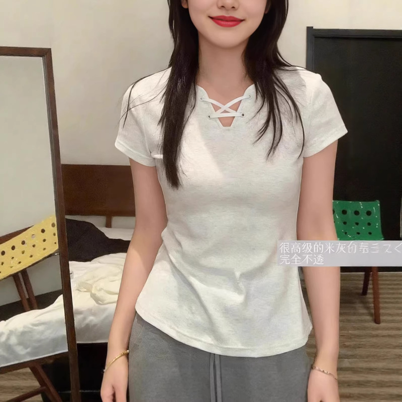 Trendy Gray Pure Cotton Summer Design-Inspired Niche Solid Color Tie-Up Design Short-Sleeve T-Shirt for Women 2026 New Model