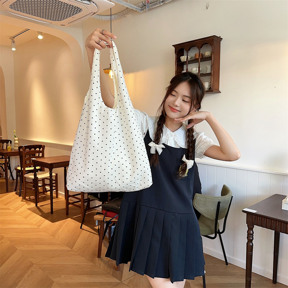 90g Weight Poplin Lining Material 19695304699 Fashion Element Open Closure Type Double Shoulder Straps Strap Type Tote Bag Bags Type Travel, Daily Occasion Canvas Material Round Dots Pattern All Seasons, Spring&Summer Season Women's Gender Streetwear Style Square Shape Medium Size 45262 New Polka Dot Canvas Bag Women's Large Capacity Bag College Students Class Canvas Bag Special-Interest Shoulder Bag 24