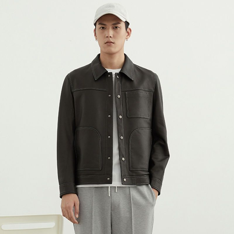 In-Stock 2025 Haining Leather Jacket for Men, Short Style with Lapel, Spring Workwear with Pockets, Leather Jacket, Light Business Style, Sheepskin