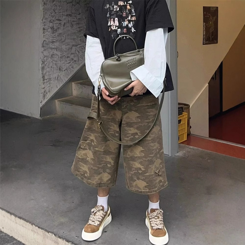 American Retro Camouflage Heavy-Duty Cropped Cargo Pants Men's Summer Wide-Leg Shorts Straight Loose Denim Mid-Length Pants