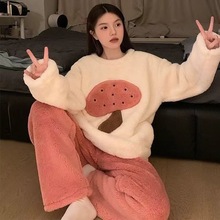 外贸闪电购新款法兰绒日系简约卡通风格睡衣可外穿保暖家居服套装