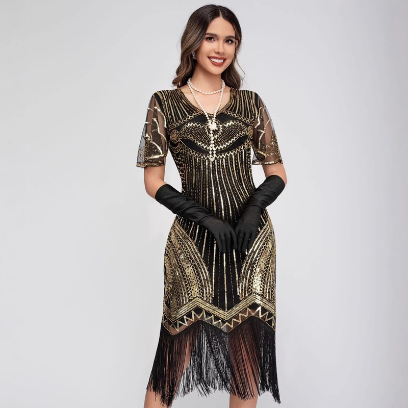 Tassel Dress 1920S Retro Gatsby Ball Party Sequined Beaded Short-Sleeved Dress Amazon Cross-Border Tassel Dress 1920S Retro Gatsby Ball Party Sequined Beaded Short-Sleeved Dress Amazon Cross-Border