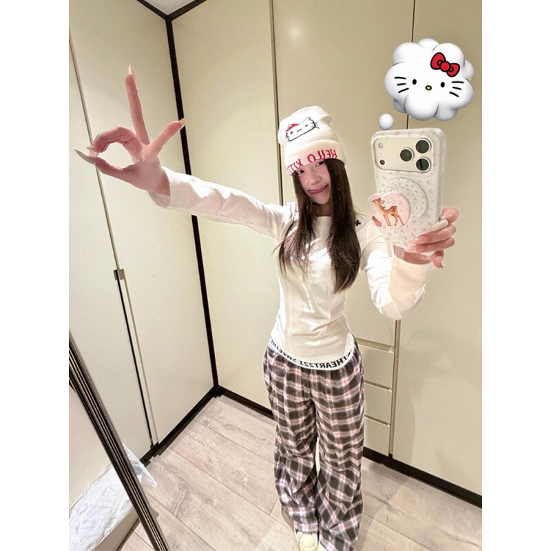 American-Style Design Color-Blocked Plaid Wide-Leg Casual Pajama Pants for Women, New Spring Loose Straight-Leg Home Lounge Pants