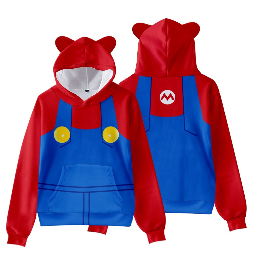 3D New Movie Mario Brothers Short Sleeve Movie Mario Biku Cap Hoodie with Cat Ears