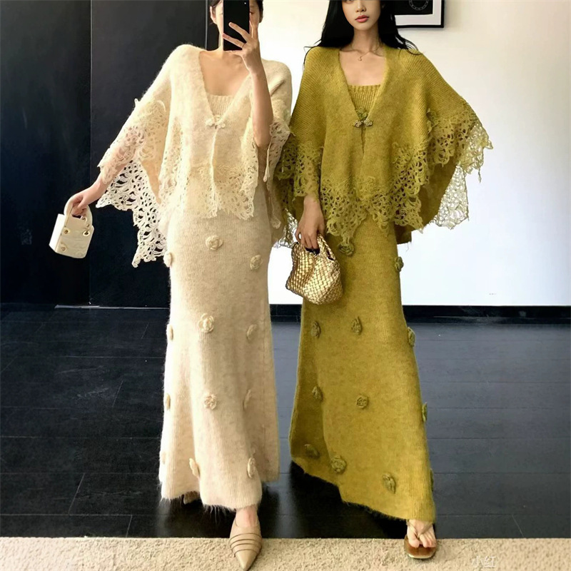 Elegant, three-dimensional floral knit camisole dress for women, paired with a lace-trimmed cardigan shawl – a two-piece set Elegant, three-dimensional floral knit camisole dress for women, paired with a lace-trimmed cardigan shawl – a two-piece set