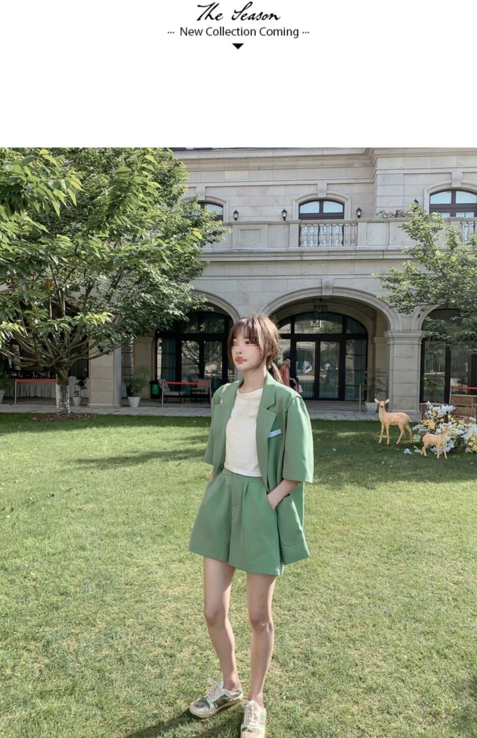 Bộ blazer nữ tay ngắn kèm quần short Hàn Quốc mỏng nhẹ mùa hè — Màu đen [Vải], Cỏ xanh [Vải], Gạo trắng [Vải], Màu hồng [Vải] chi tiết 5