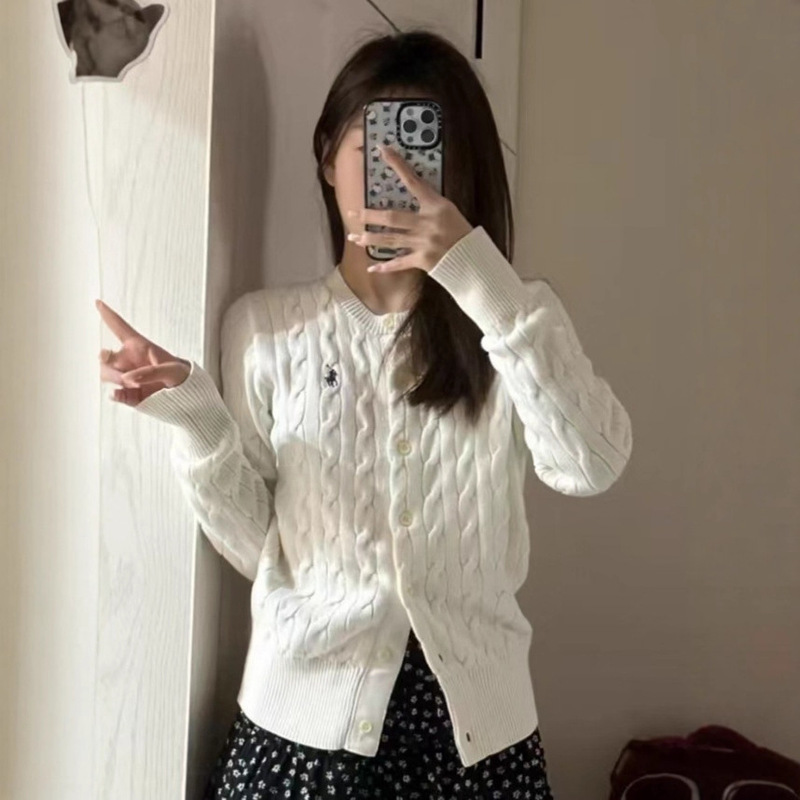 Scan Code Rl Laff Embroidered War Horse Logo Thick Hemp Flower Knitted Cardigan Fashionable Classic Round Neck Cable Sweater for Women Scan Code Rl Laff Embroidered War Horse Logo Thick Hemp Flower Knitted Cardigan Fashionable Classic Round Neck Cable Sweater for Women