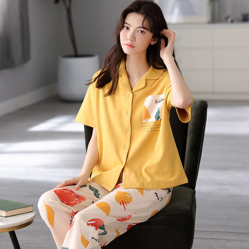 Pijamas mujer primavera y verano fino 100% algodón traje de dos piezas verano Pantalones de manga corta se puede usar fuera más tamaño homewear